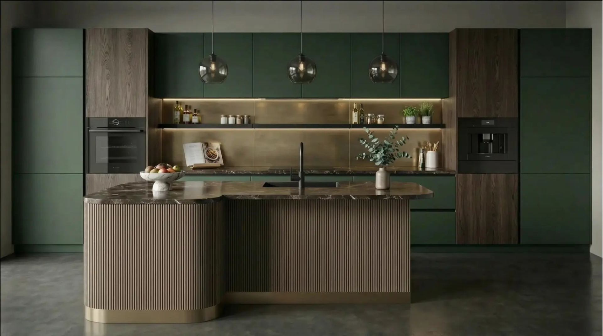 Zöld konyha bronz színű bordázott Flexpanel konyhaszigettel