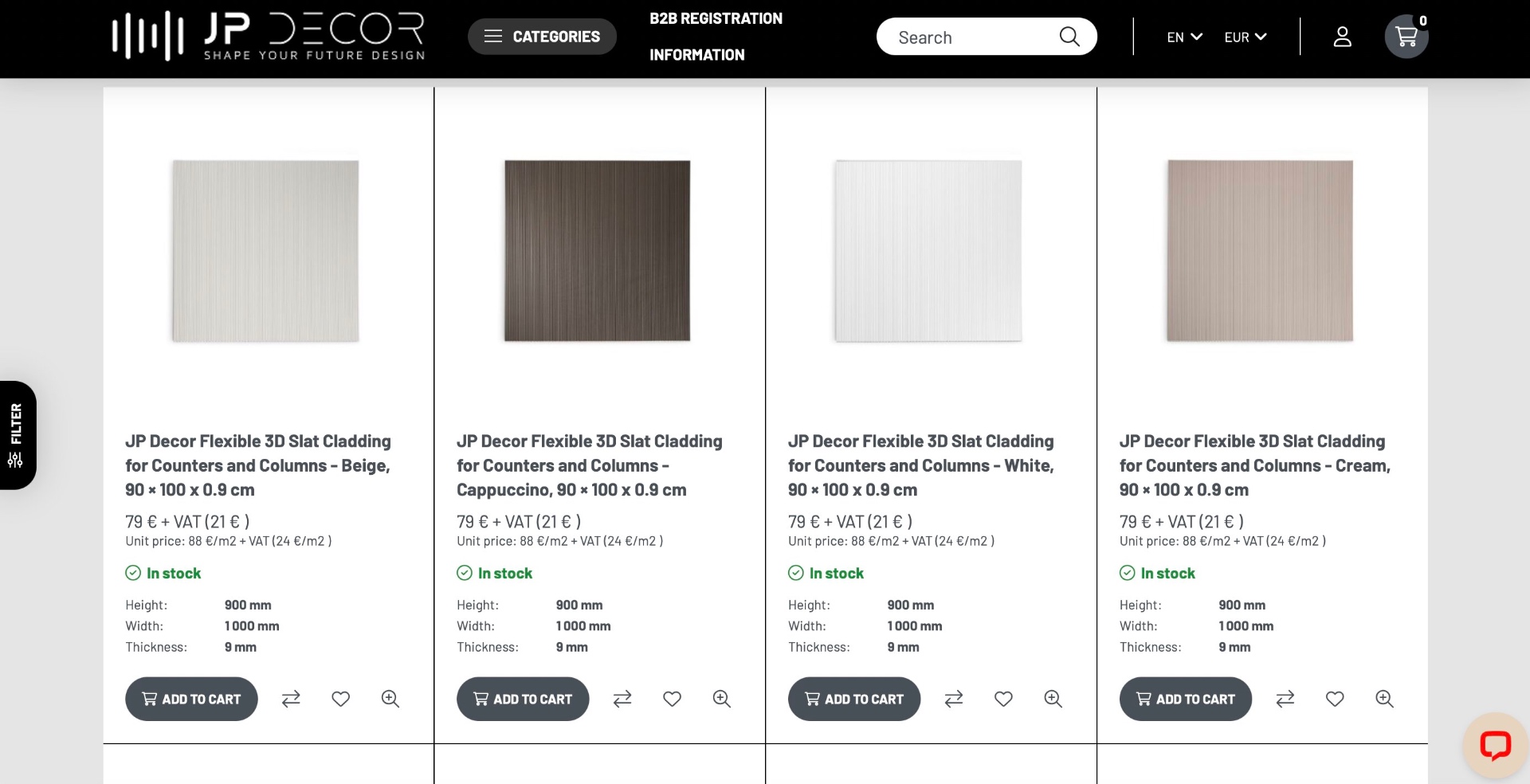 JP Decor B2B platform — termékkatalógus készlettel és árakkal